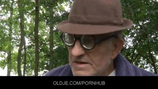 Two old farts fucks horny teeny in the forest