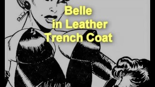 Horny babe talks dirty and masturbates on leather trench coat