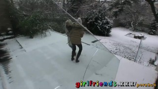 Girlfriends play in snow before warming up with hot lesbian sex