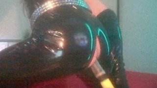 anal pleasure with dildo and nice cumshot in shiny catsuit