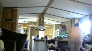 Horny naked wife cleaning house butt naked with door wide open