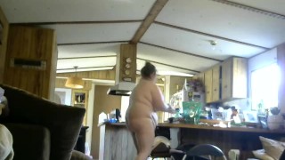 Horny naked wife cleaning house butt naked with door wide open
