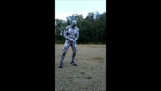 Spandex android jerking off inside spandex outdoors