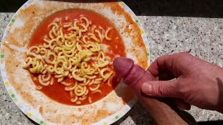 Rock Hard Cock Cums On Pasta !!!