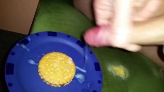 Self Handjob - Cum on Food - Cookie Cumshot + Slo-Mo