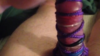 Tied up with 6 cock rings on cumshot!