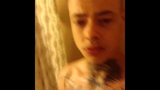 little hairy skinny toned college guy with tattoos jackin off in the shower