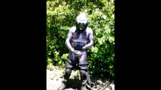 Horny biker wearing morphsuit under his leathers needs to jerk off