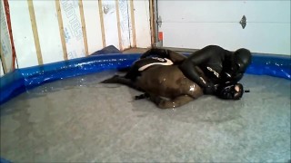 Wet gasmasked Orca frogman humps and struggles with another frogman