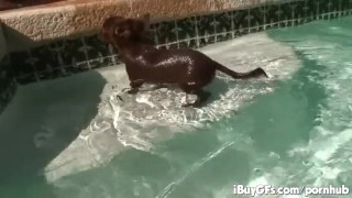 Carly Parker having a good time on the pool