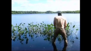 fishnet pantyhose jerk off in lake