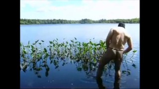 fishnet pantyhose jerk off in lake