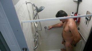 Morning piss in the shower half hard dick
