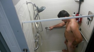 Morning piss in the shower half hard dick
