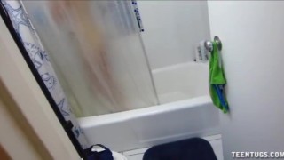 Hot babe handjob in the bathroom