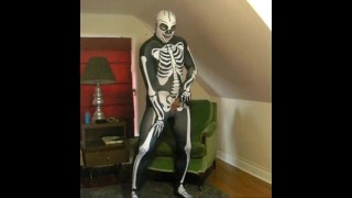 Spandex skeleton with skeleton lucha libre mask edging
