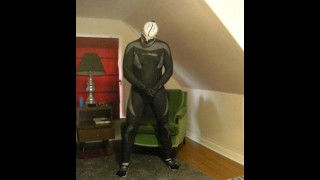 wetsuited lucha libre skeleton masked frogman playing with his cock