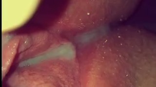 Pushing his big deep cum out my bbw pussy