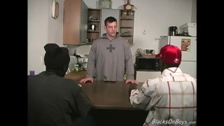 Black guys sharing a hairy middle aged white man