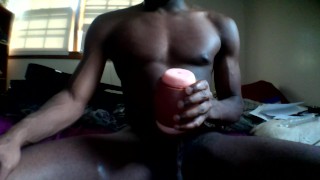 Stroking my black cock with my toy