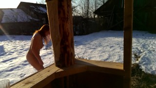 Sexwife Marta in the Russian bath. Hot body on hot snow. The heat of flesh