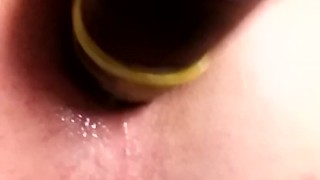 Twink gaping ass with huge black dildo