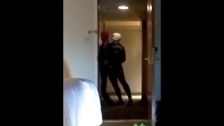 skeleton faced frogman in hotel