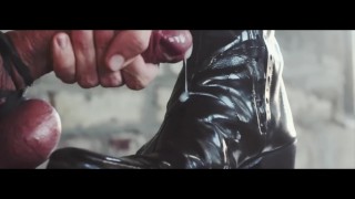 Stunning young cock fucking and jerking off on leather boots