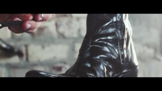 Stunning young cock fucking and jerking off on leather boots