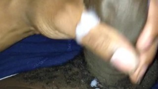 Blue boxers busting a nut