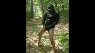 jerking off outdoors in beavertail wetsuit top, latex gloves and gasmask