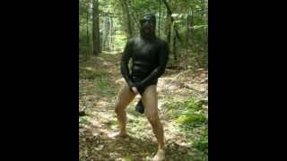 jerking off outdoors in beavertail wetsuit top, latex gloves and gasmask