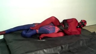 red morphsuit with black fishnet humps spiderman
