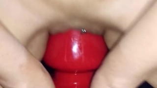 MILF puts Huge Dildo in the Pussy and in the Ass, before Anal Creampie