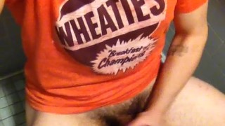 Horny college student jerks off in restroom