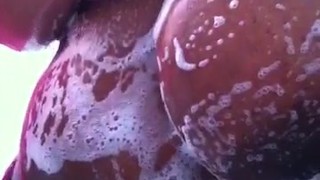 Ebony bbw covered in suds wishing it was cum