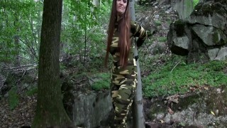 Soldier Girl Roped To Tree Camouflage Catsuit And Leather Boots