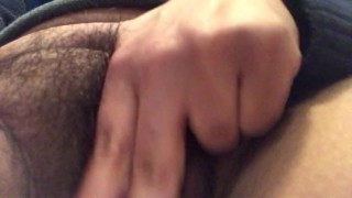 Horny ftm wet and hard at friends house, hides to jerk huge clit to orgasm