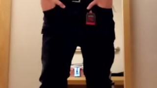 Trying on New Leather Jacket with Cum