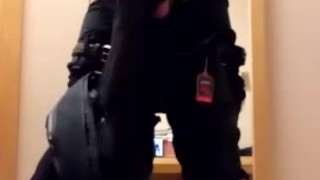 Trying on New Leather Jacket with Cum