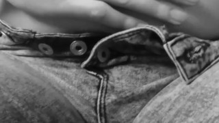 BBW unbuttoning jeans to let out bulging belly