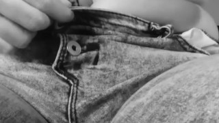 BBW unbuttoning jeans to let out bulging belly