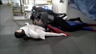 black meshed frogman vs white spandex and spiderman dummy