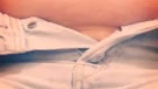 Bbw unbuttoning tight jeans short to let fat belly bulge out
