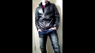 Rubbing my Cock on Leather Jacket with Hood