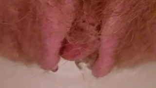 Powerful short piss from hairy (gingery) pussy