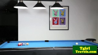 Busty trans trap tugs hard cock on pool table