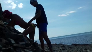 Real amateur doggystyle on the public beach. Outdoors sex.