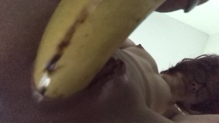 Teens tight pussy takes a big banana and dildo