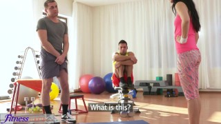 Fitness Rooms Spit roast threesome fucking and facial for hot teen